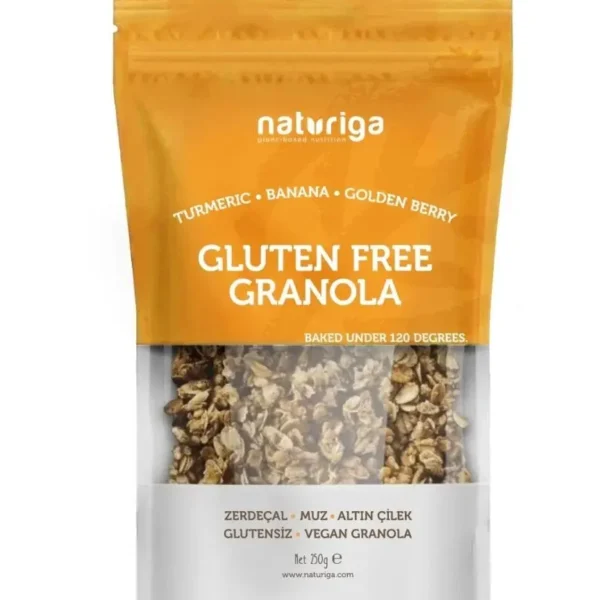Naturiga Glutensiz Zerdeçal & Altın Çilek & Muzlu Granola 250 g Altın Renk • %100 Glutensiz • Katkısız
